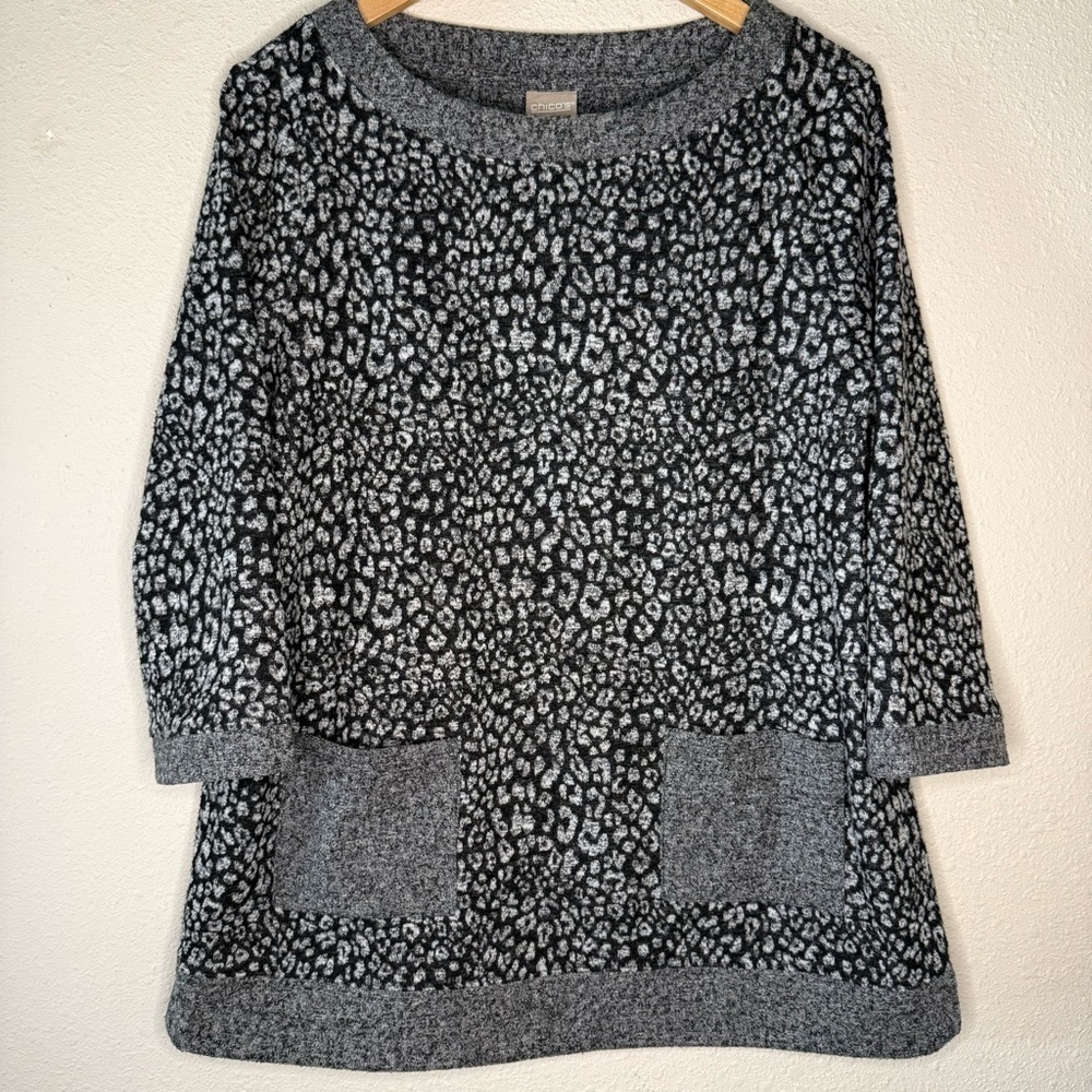 Chico’s Animal Print Sweater Tunic Black/Grey Scoop Women’s Size 12 (Chico’s 2)
